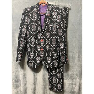 OPPO Suits Skull Print Suit Mens Medium Black Y2K Gothic Matching Jacket Pants